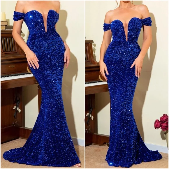 Luxurious Off Shoulder Sequin Evening Formal Wedding Dress - Picture 3 of 6